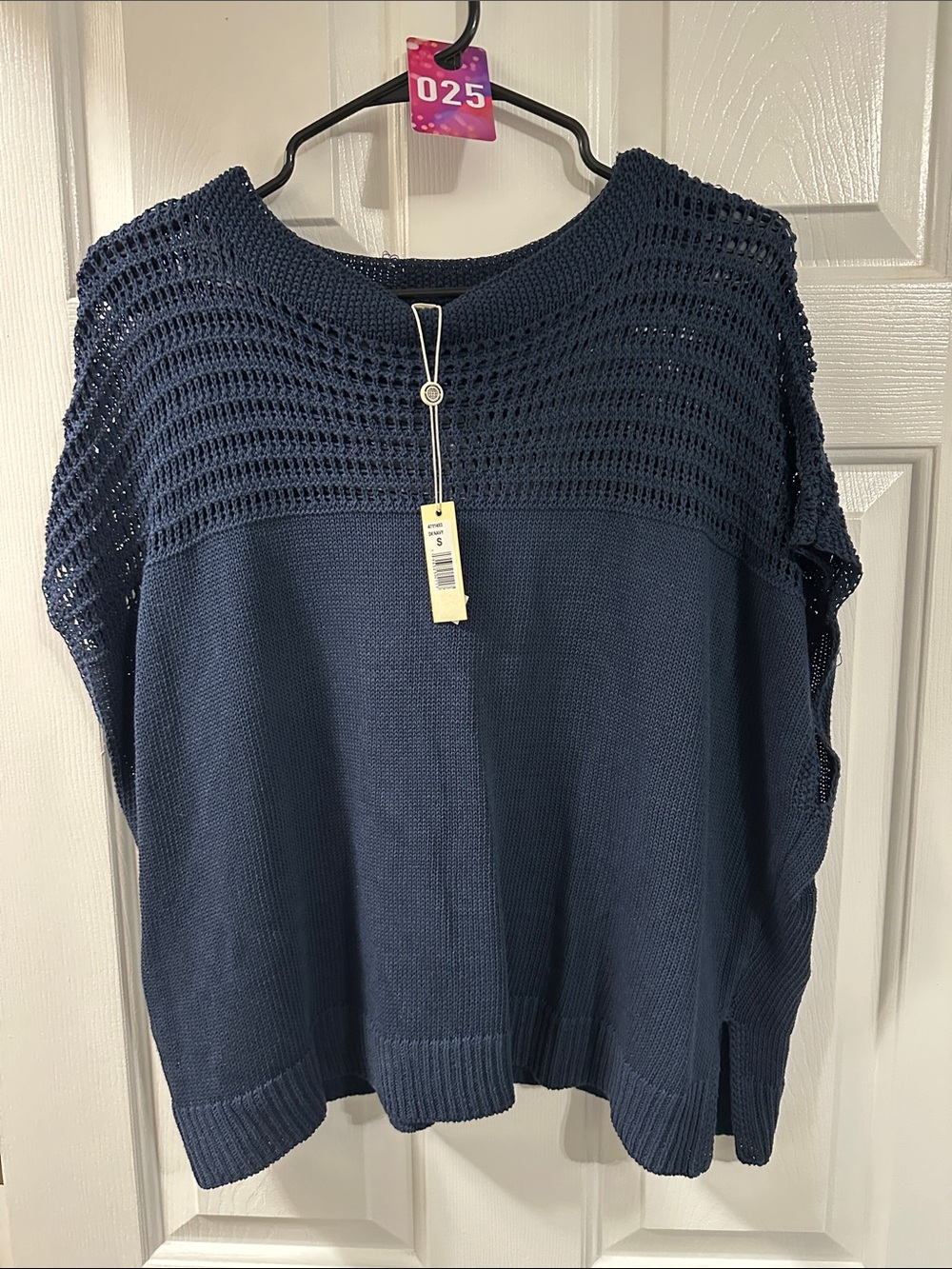 Max Studio Navy Open-Weave Yoke Scoop Neck Sweater